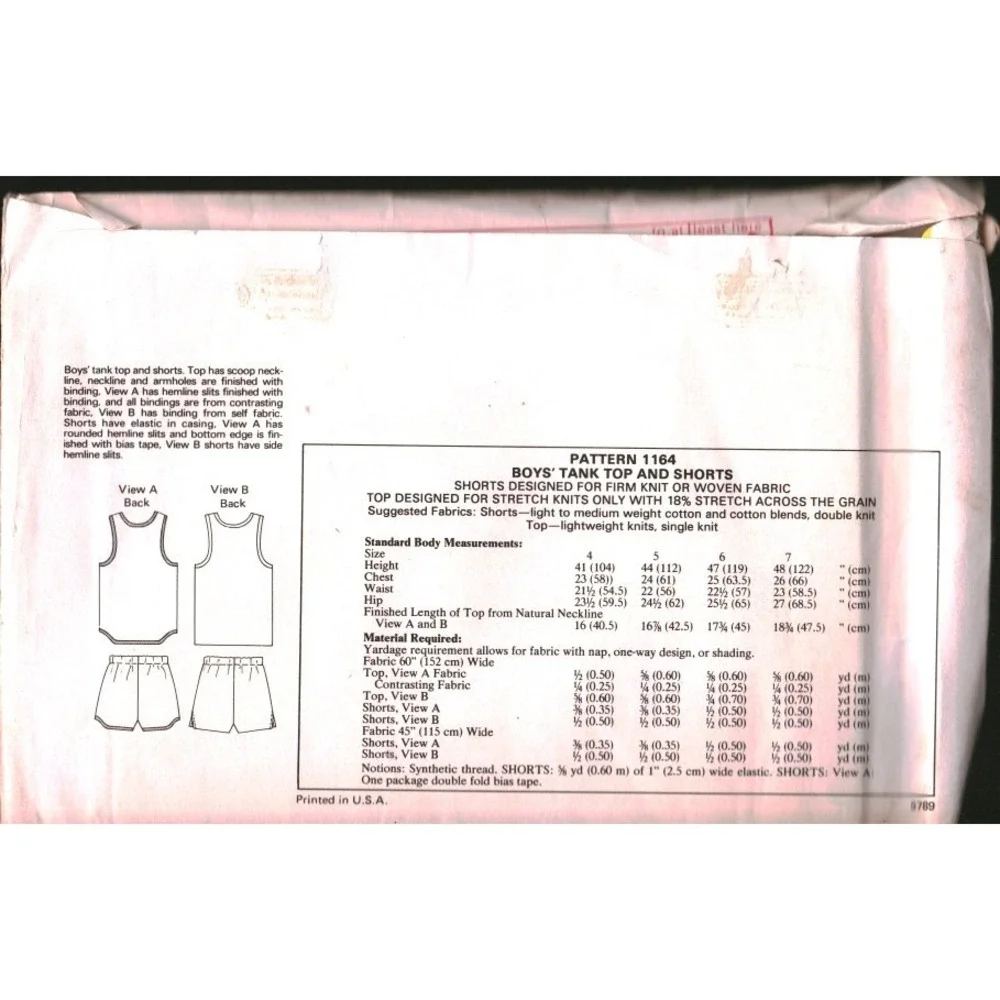 Vintage Kwik Sew 1164 Boys Tank Top and Shorts Sewing Pattern Size 4 5 6 7 1981